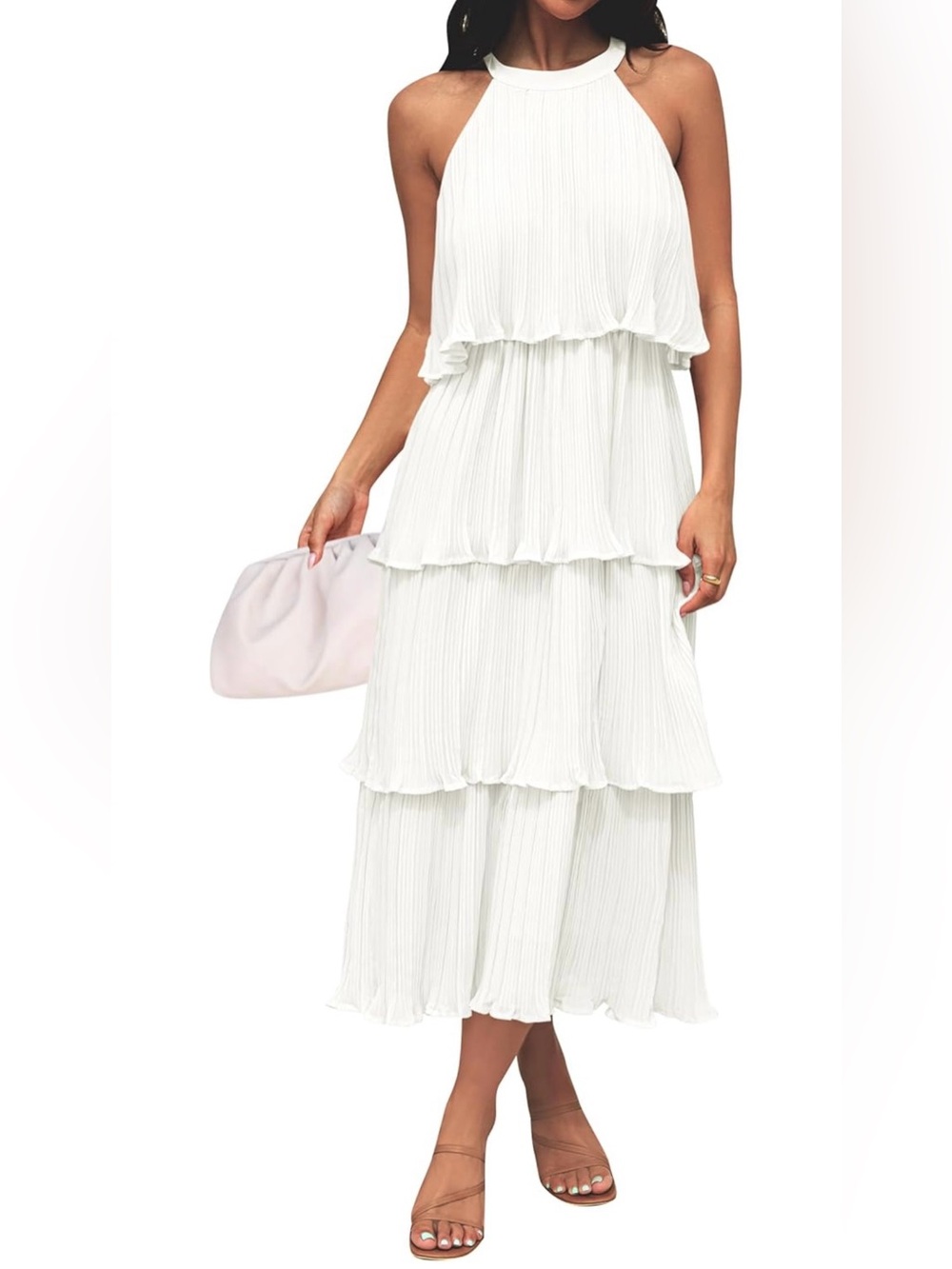 Ruffle Pleated Tiered Layered Chiffon Flowy Swing Long Midi Dress in White - Picture 2 of 15
